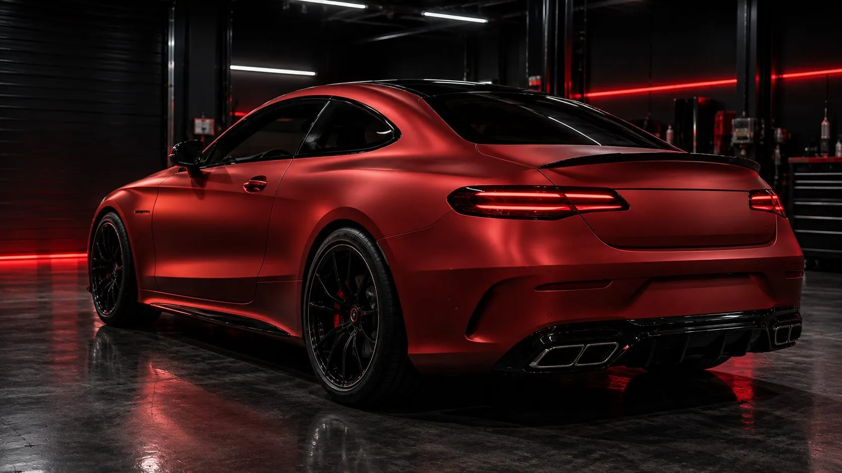 Coupé sportif recouvert d'un covering rouge satiné après pose